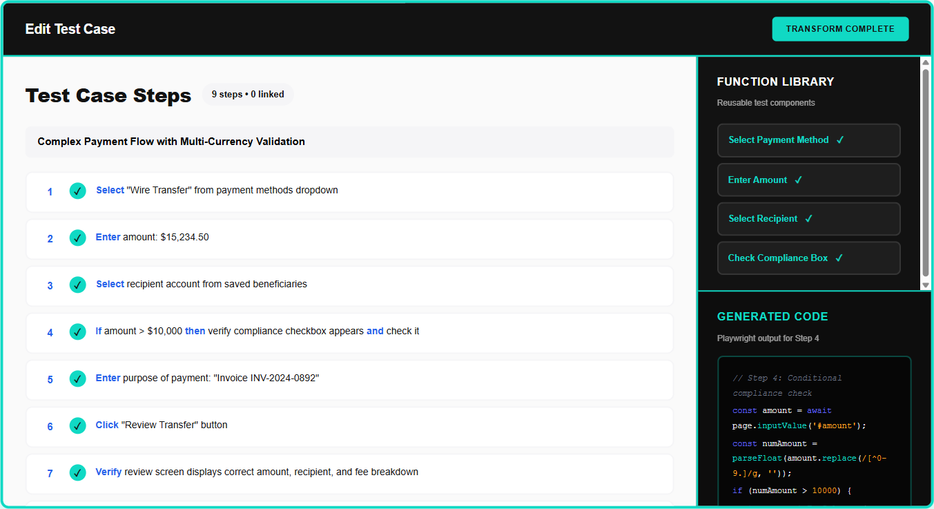 The EverTest editor: a payment test case written as nine plain-English steps on
                  the left, a library of reusable components and the Playwright code generated for
                  step four on the right.